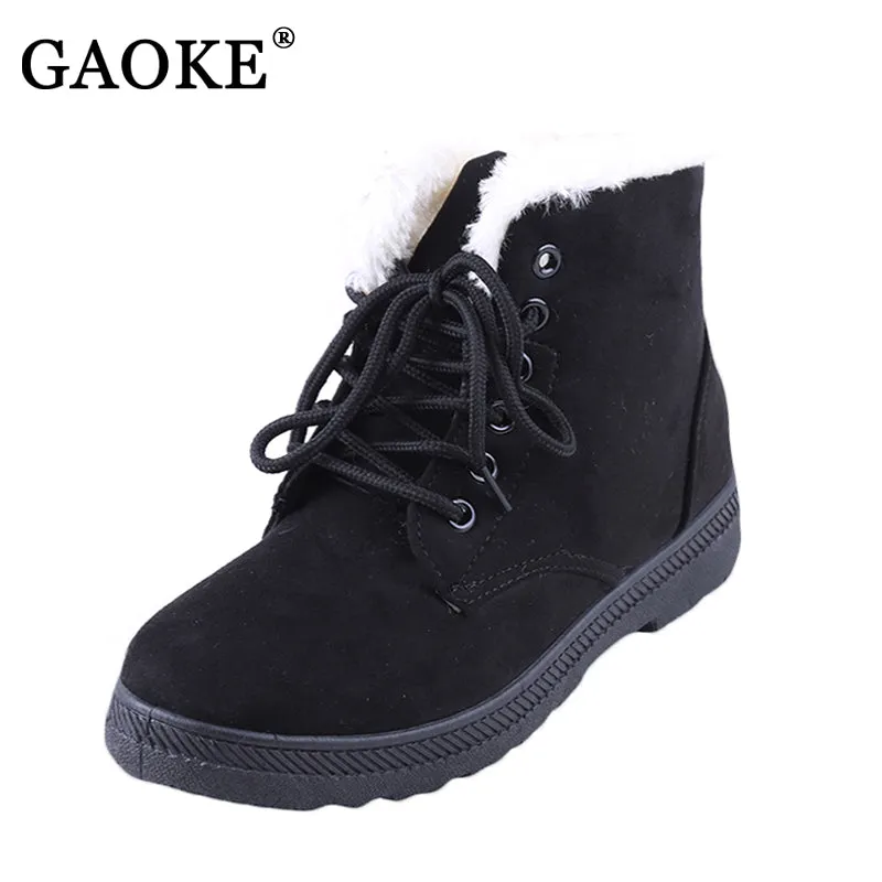 2017 New Fashion Women's Winter Short Boots Sheepskin Thickened Fur Shoes Keep Botas Mujer Lace Up Flock Warm Ankle Snow Boots