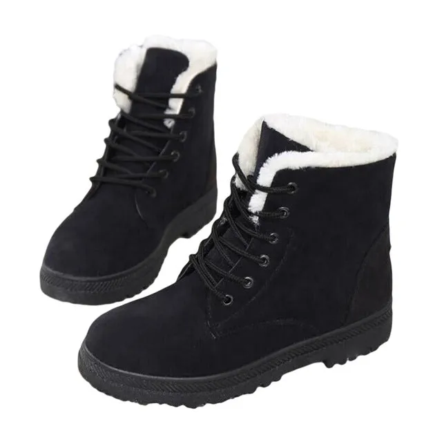 2017 New Fashion Women's Winter Short Boots Sheepskin Thickened Fur Shoes Keep Botas Mujer Lace Up Flock Warm Ankle Snow Boots