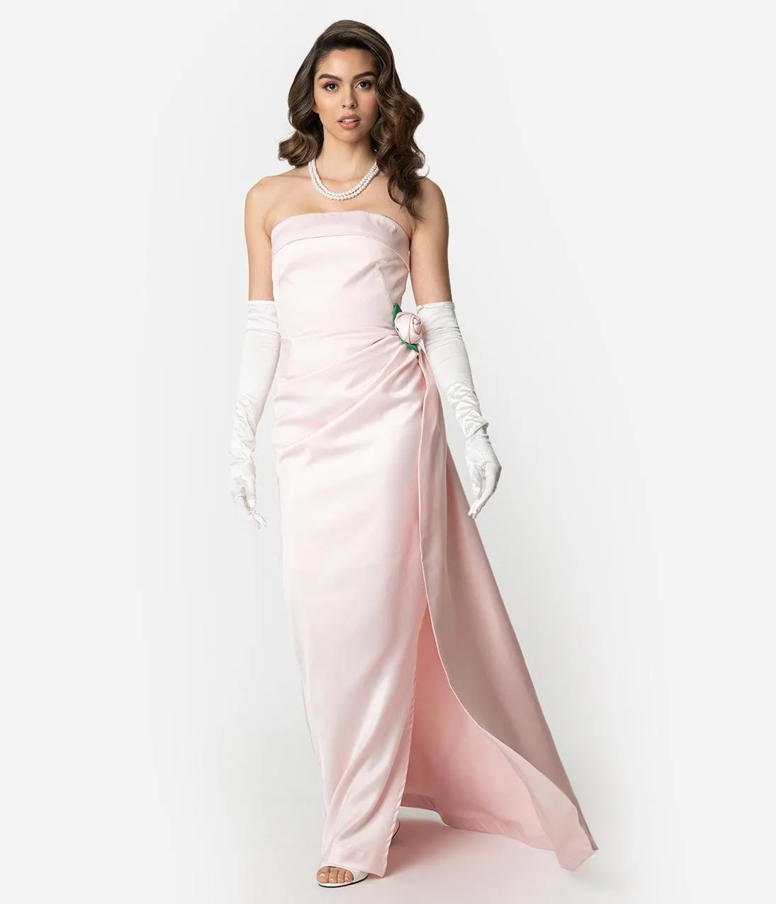 Barbie x Unique Vintage Pink Satin Strapless Enchanted Evening Gown