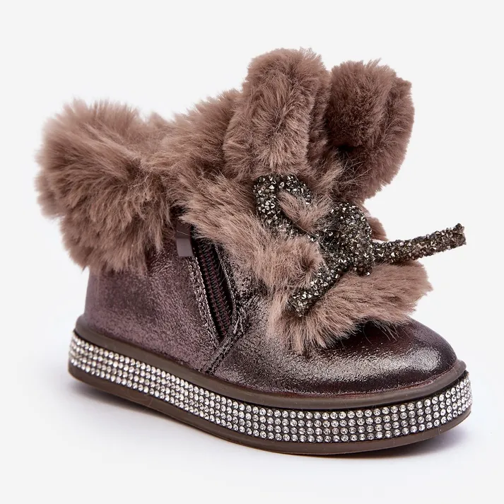 Children's snow boots with a zipper and fur, brown, Hanija