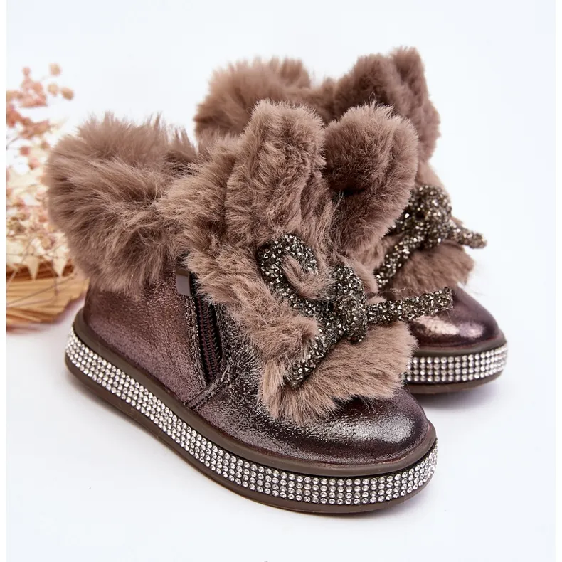 Children's snow boots with a zipper and fur, brown, Hanija