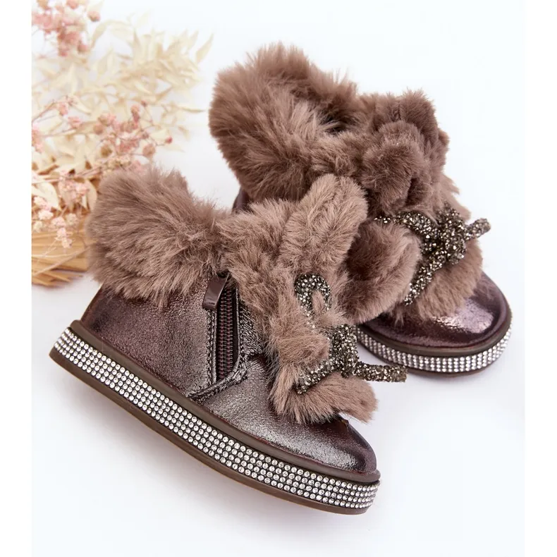 Children's snow boots with a zipper and fur, brown, Hanija