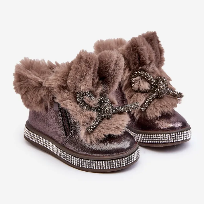 Children's snow boots with a zipper and fur, brown, Hanija