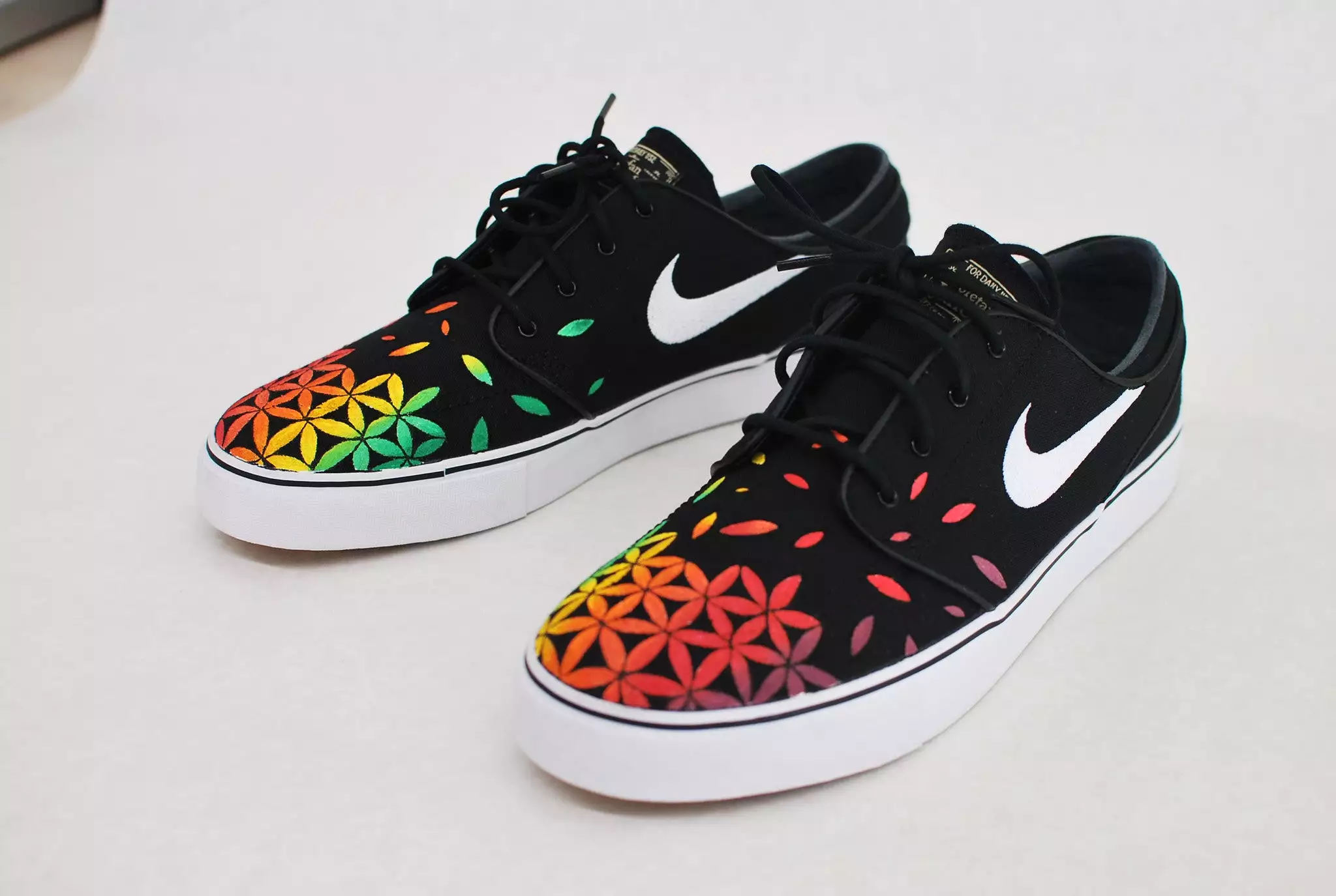 Custom Hand Painted Nike Zoom Stefan Janoski Sneakers - Rasta Sacred Geometry Flower of Life pattern