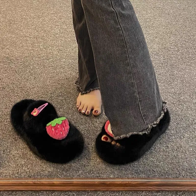 Cute Cartoon Strawberry Bear Furry Slippers for Women's Outerwear 2023 Autumn New Ins Trendy Versatile Home Flop (S0712)