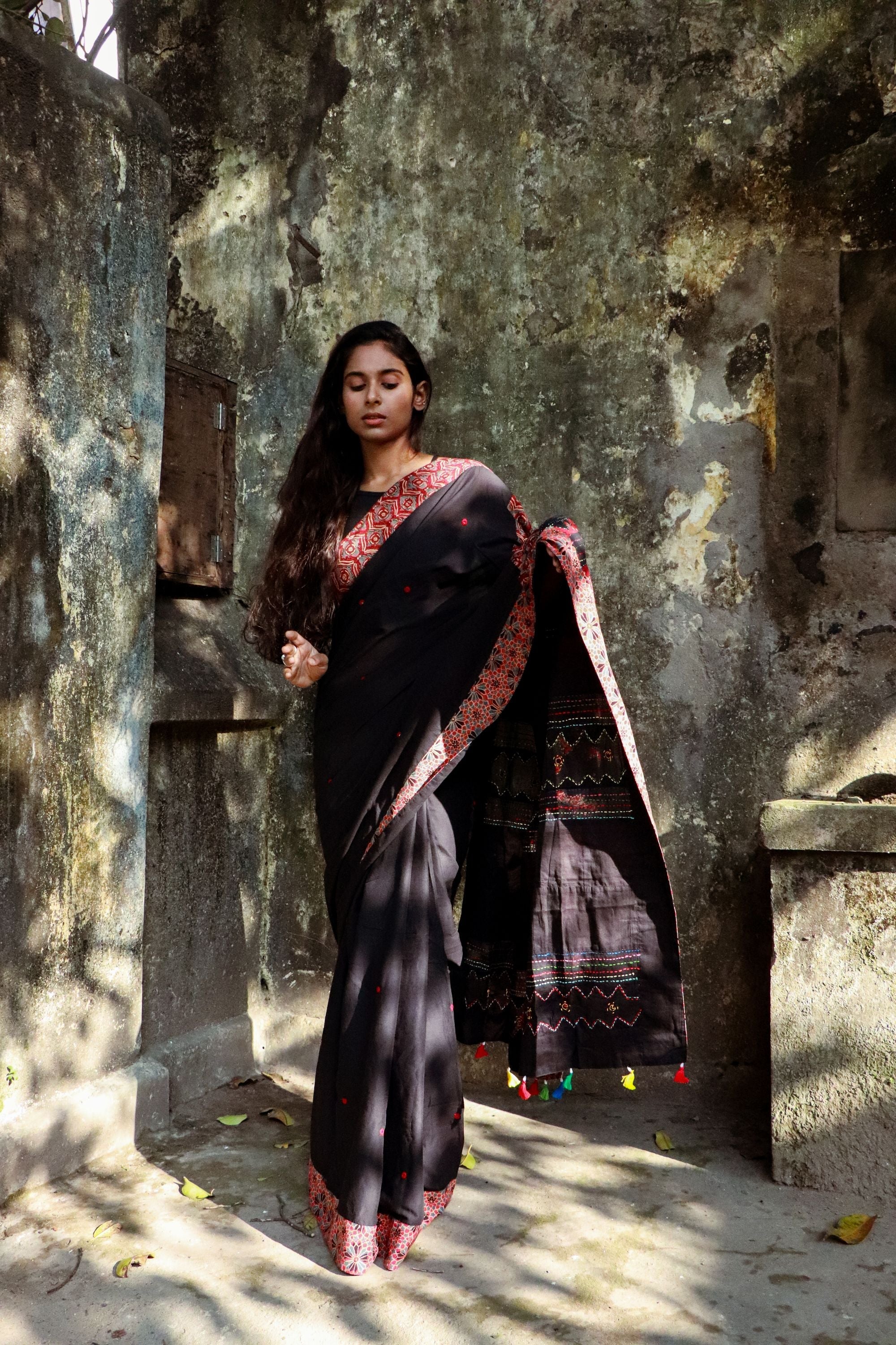 Jharokha -  Black and Red Ajrakh handblockprinted patchwork Gudri Barmer saree