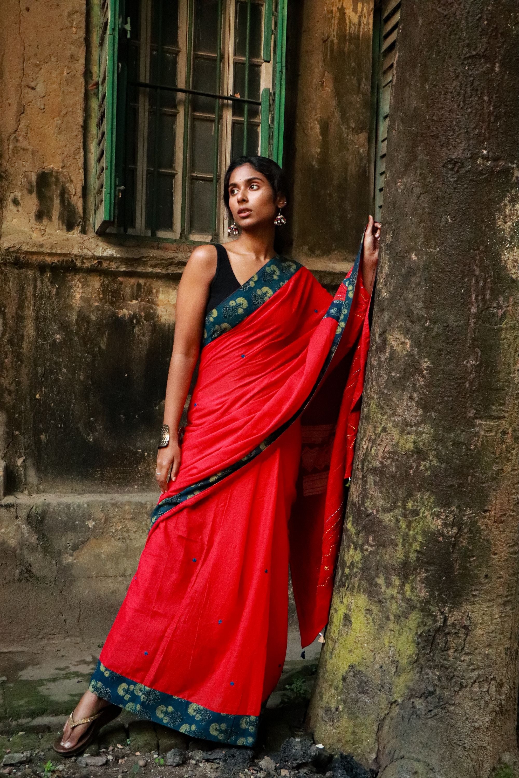 Jharokha -  Blue and Red Ajrakh handblockprinted patchwork Gudri Barmer saree