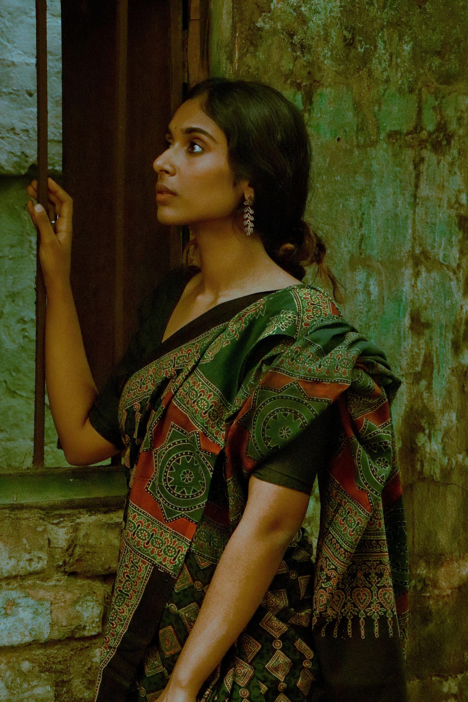 Jharokha -  Green Ajrakh handblockprinted saree