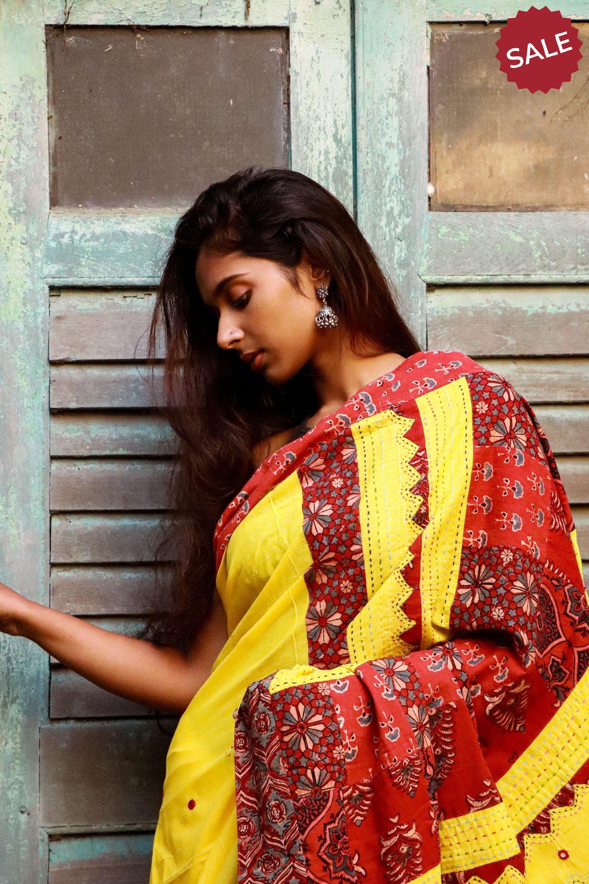 Jharokha -  Yellow and Red Ajrakh handblockprinted patchwork Gudri saree