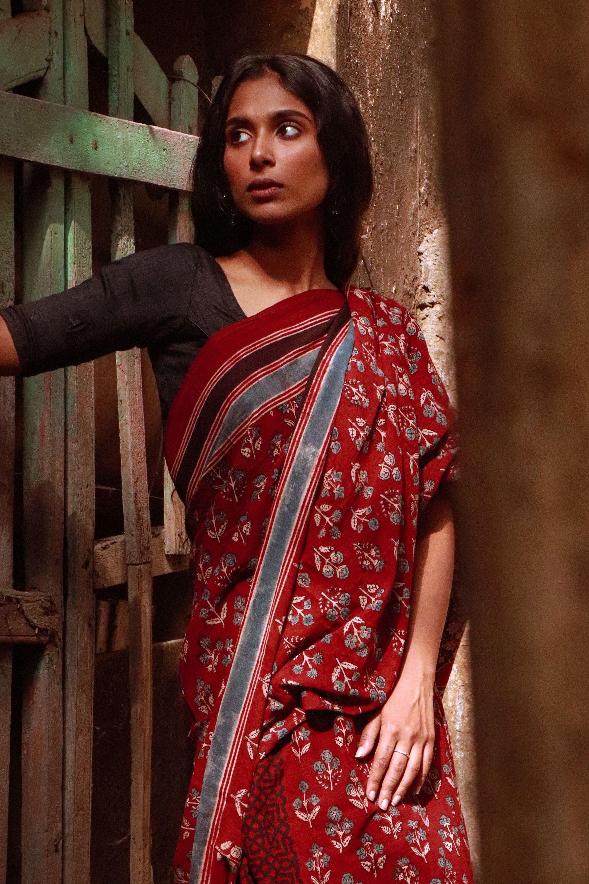 Jharokha -Maroon Ajrkah  handblockprinted saree