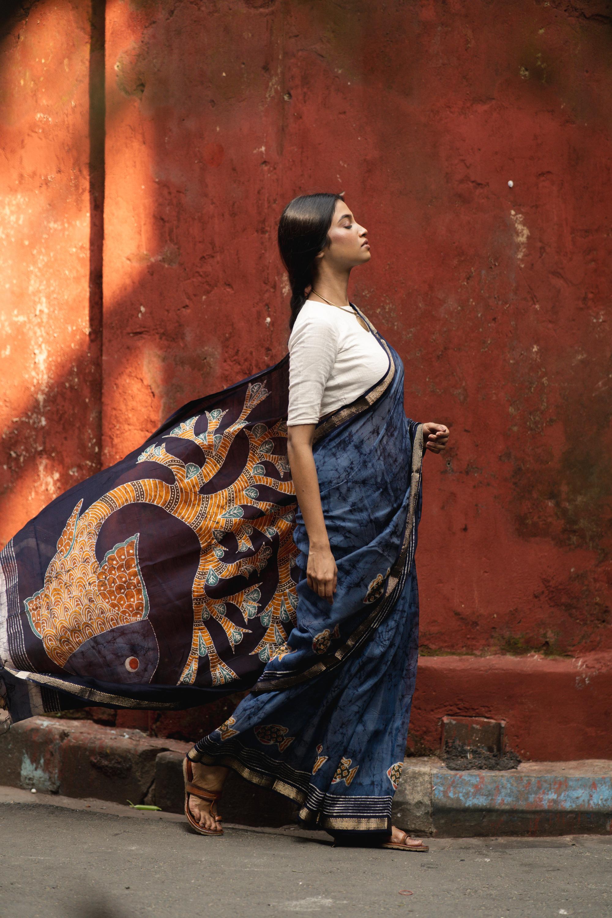 Jheelmeel -  Narmada Batik Madhubani  Blue Maheswari saree