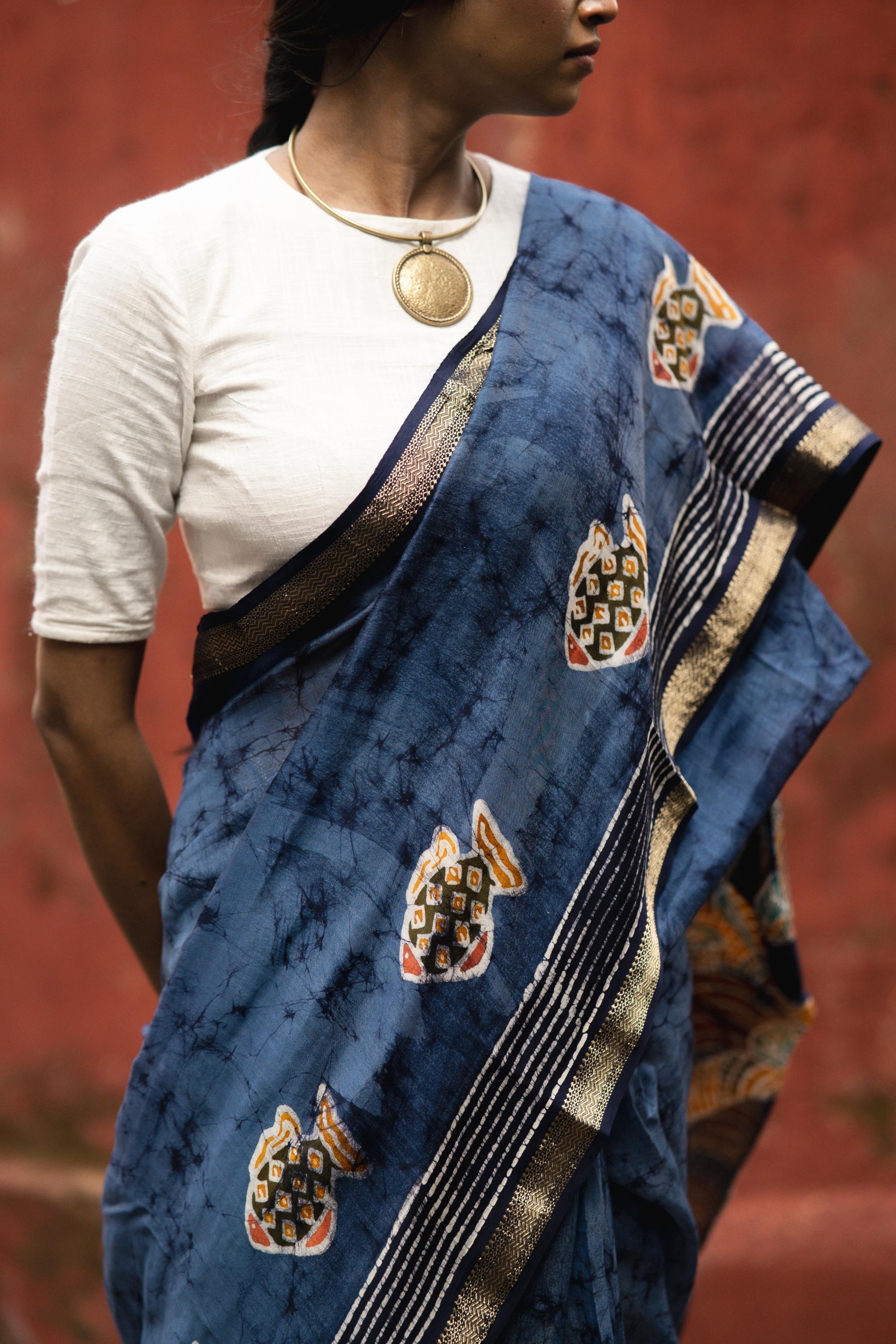 Jheelmeel -  Narmada Batik Madhubani  Blue Maheswari saree