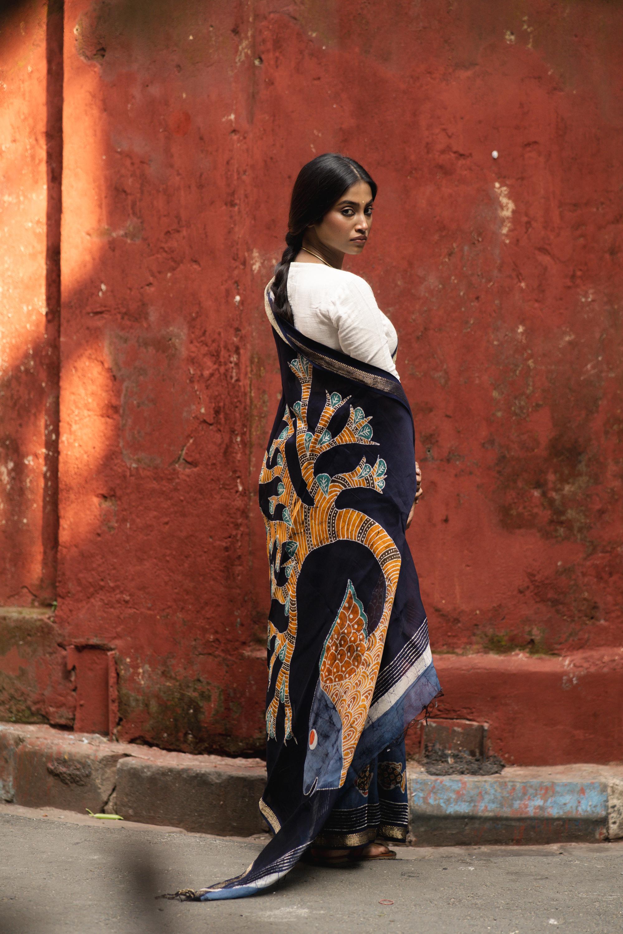 Jheelmeel -  Narmada Batik Madhubani  Blue Maheswari saree