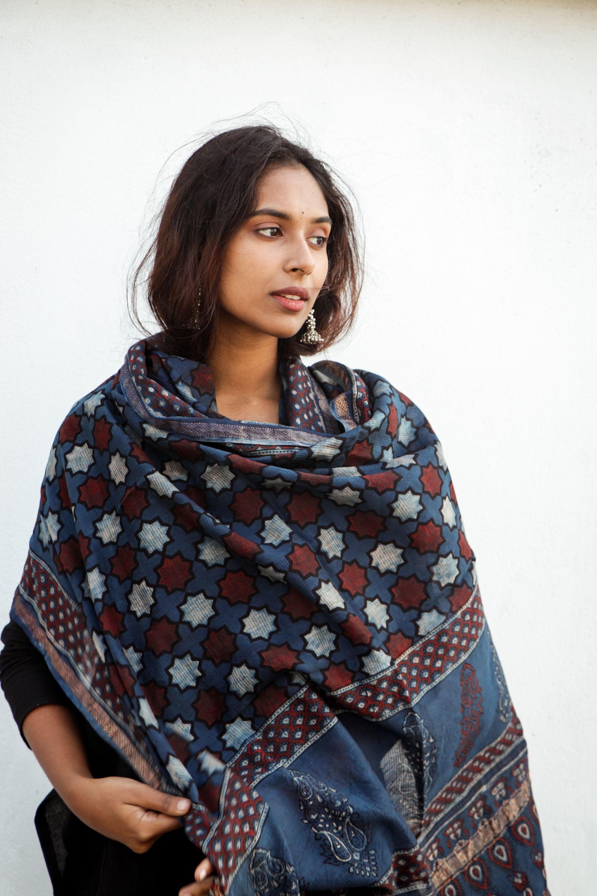 Kaisori Ajrakh Indigo Chanderi Dupatta