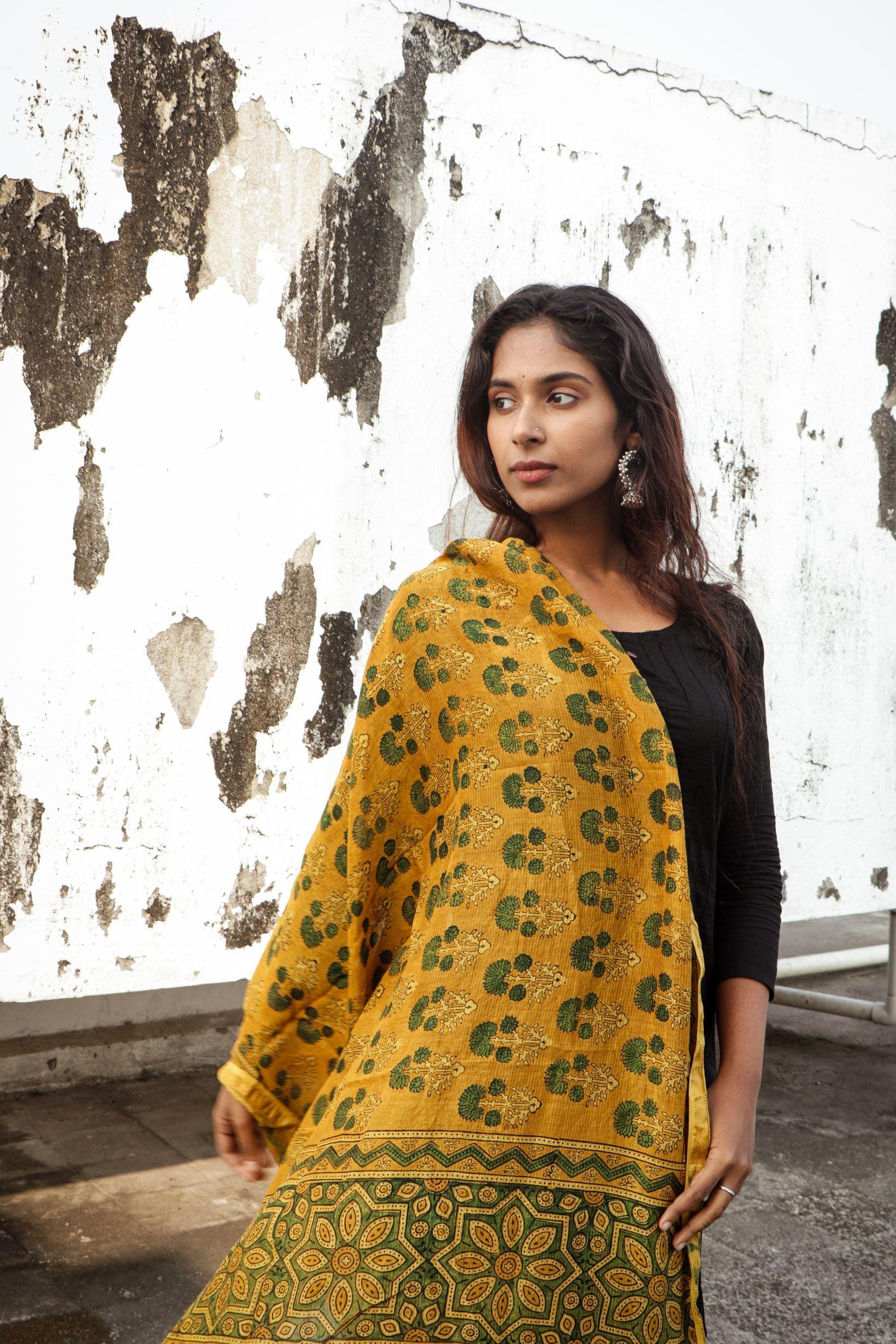 Kaisori Ajrakh Mustard Chanderi Dupatta