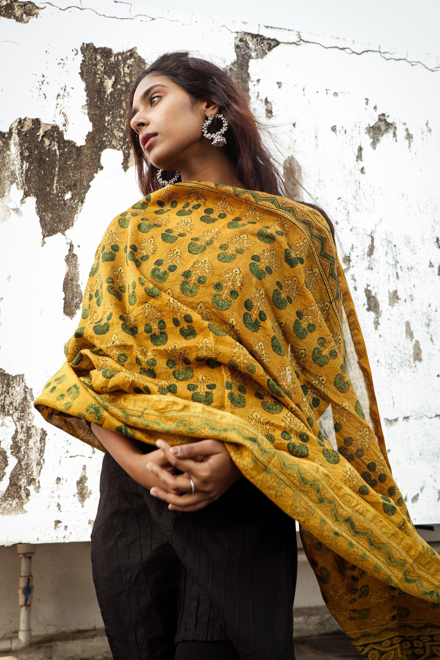 Kaisori Ajrakh Mustard Chanderi Dupatta