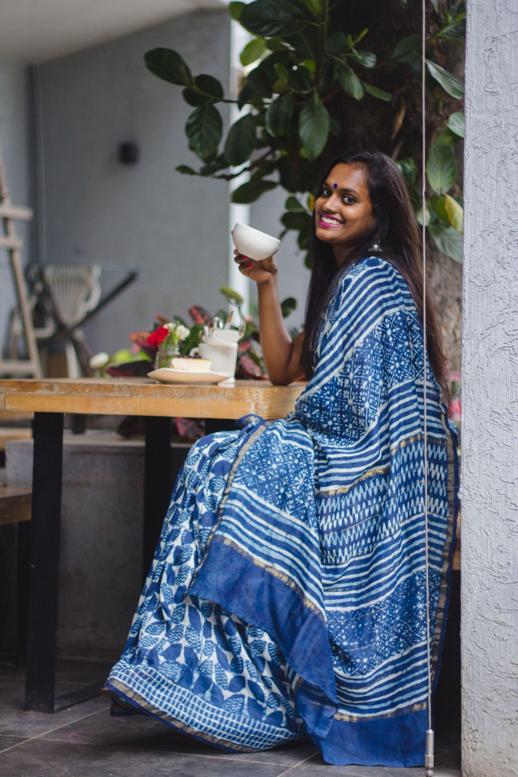 Kaisori Malhar Indigo Dabu leaf saree