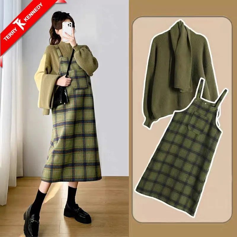 Maternity suit autumn and winter suspender skirt women's outerwear two-piece set bottoming shirt sweater winter plaid woolen dre