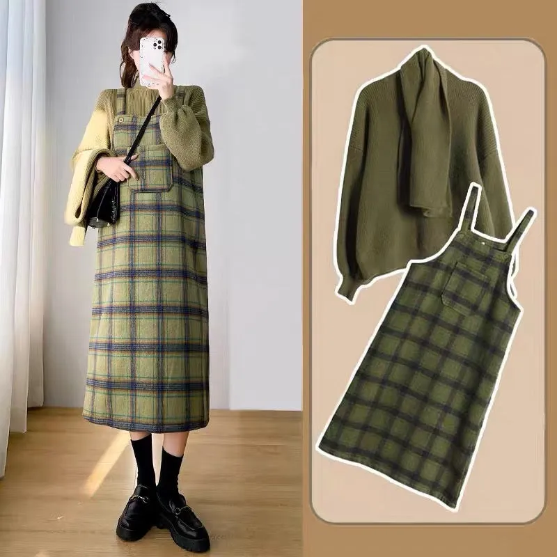 Maternity suit autumn and winter suspender skirt women's outerwear two-piece set bottoming shirt sweater winter plaid woolen dre