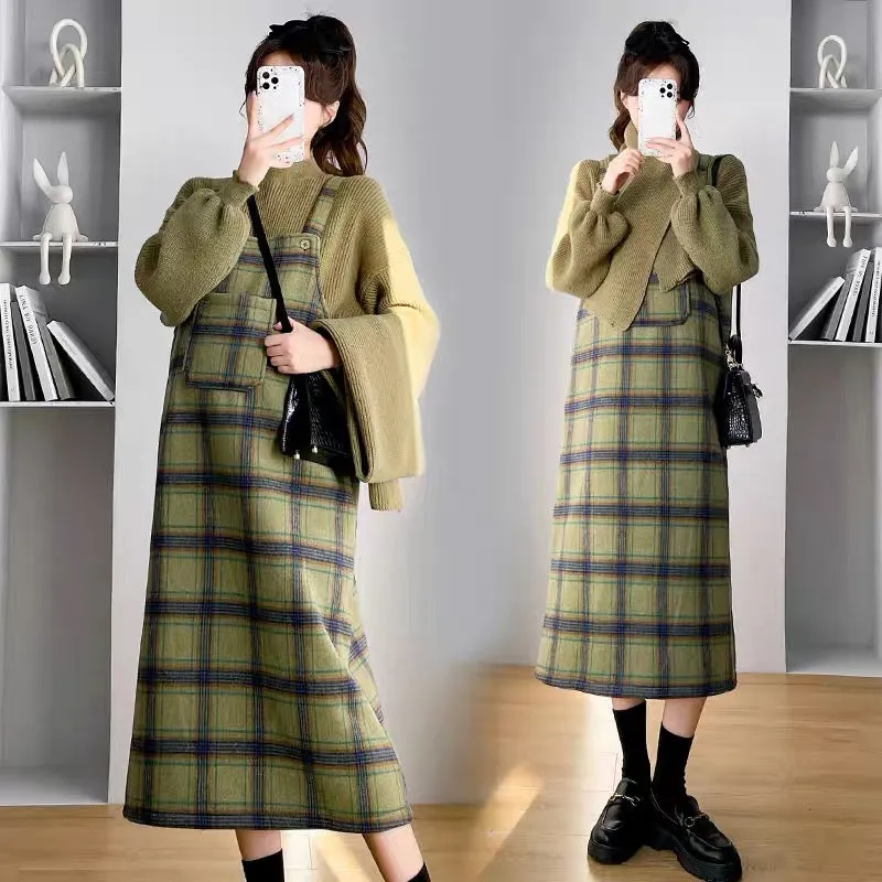 Maternity suit autumn and winter suspender skirt women's outerwear two-piece set bottoming shirt sweater winter plaid woolen dre