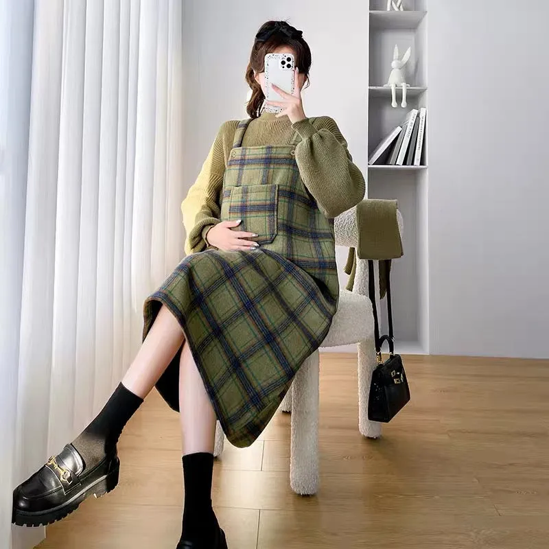 Maternity suit autumn and winter suspender skirt women's outerwear two-piece set bottoming shirt sweater winter plaid woolen dre