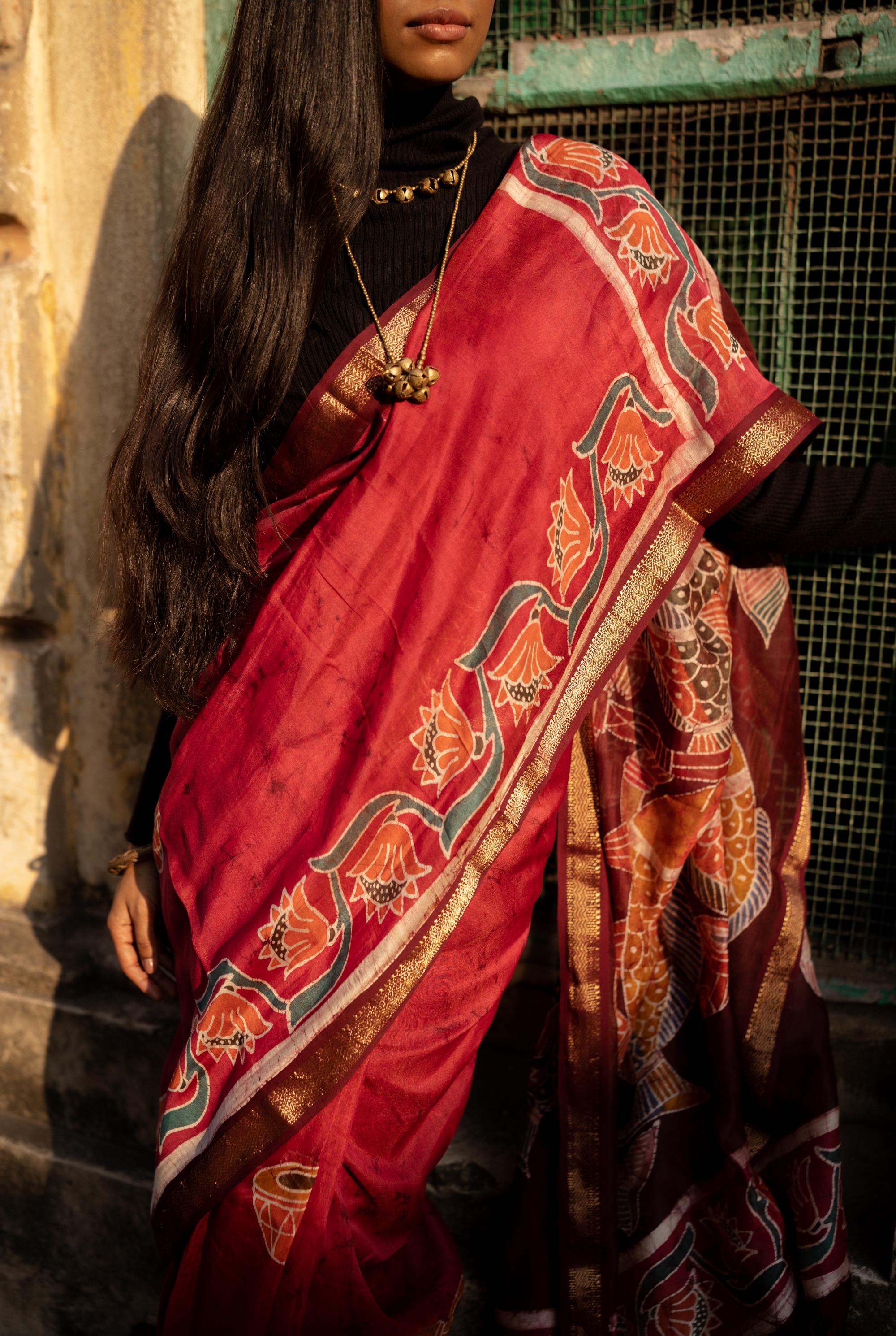 Narmada Manchali Batik Pattachitra Red Maheswari saree