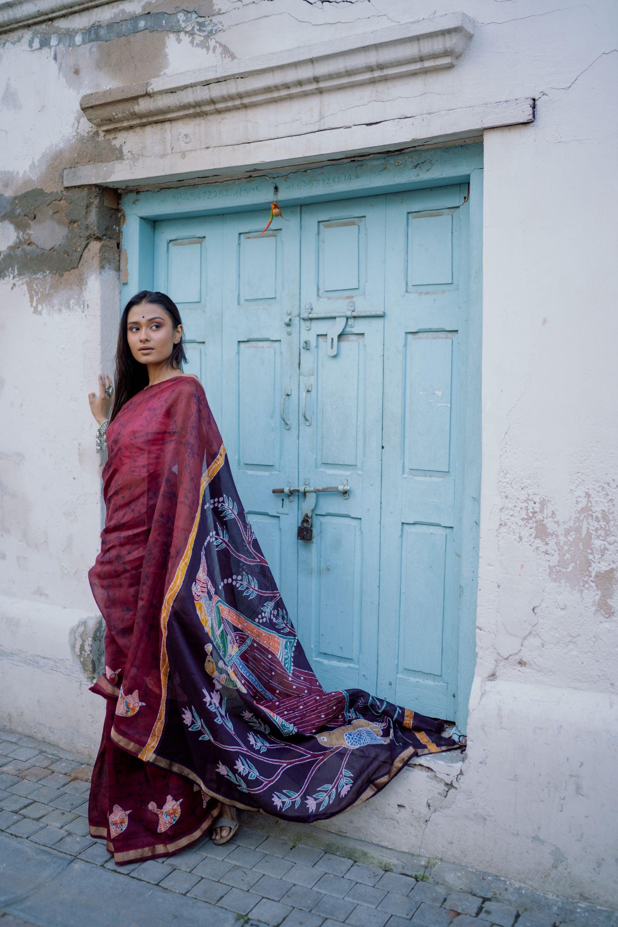 Ragini in the forest  -  Narmada Batik Maheshwari saree