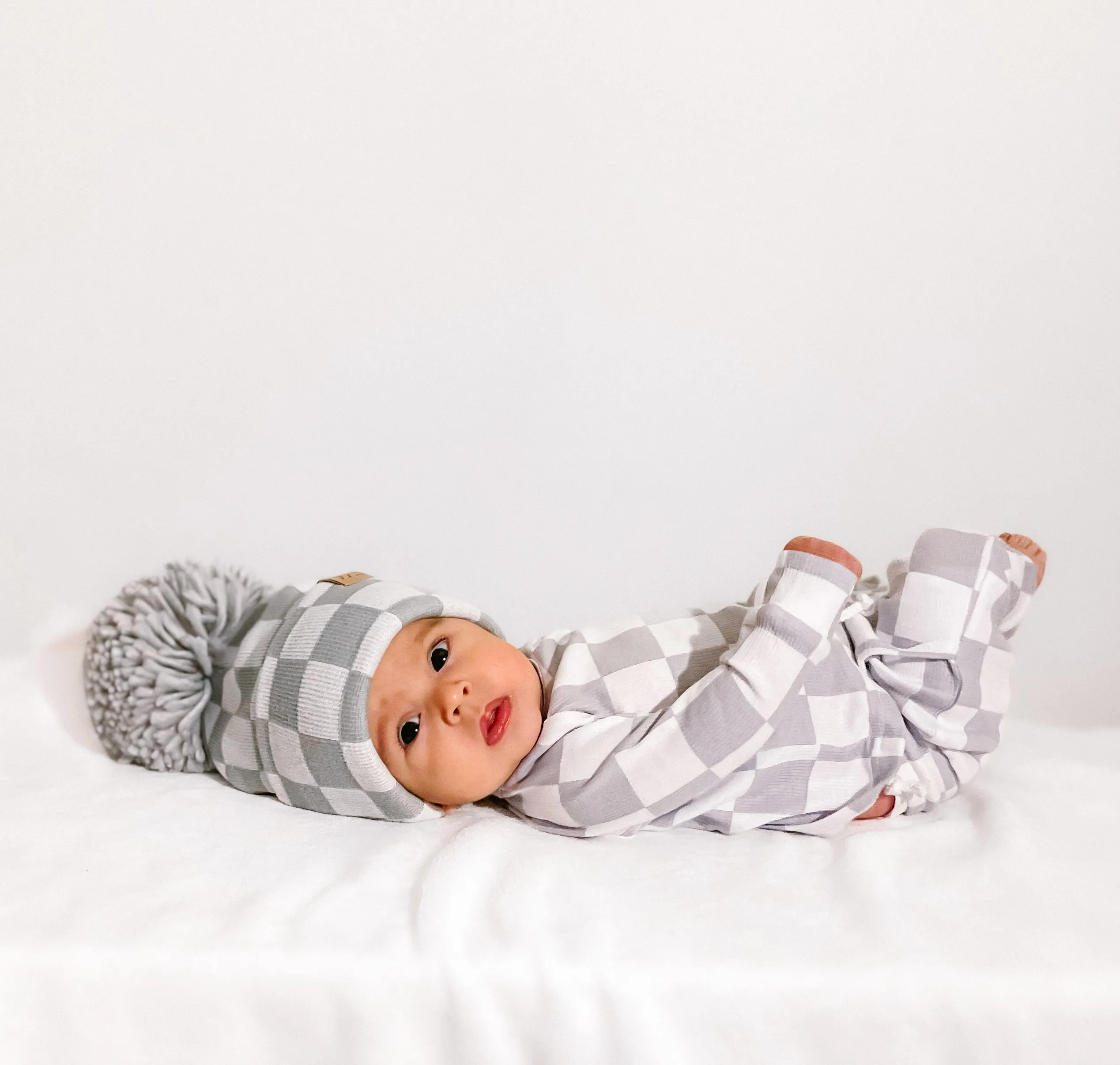 SHORE BABY The Newborn Beanie — Pewter + White Checkered (COLLECTIVE)