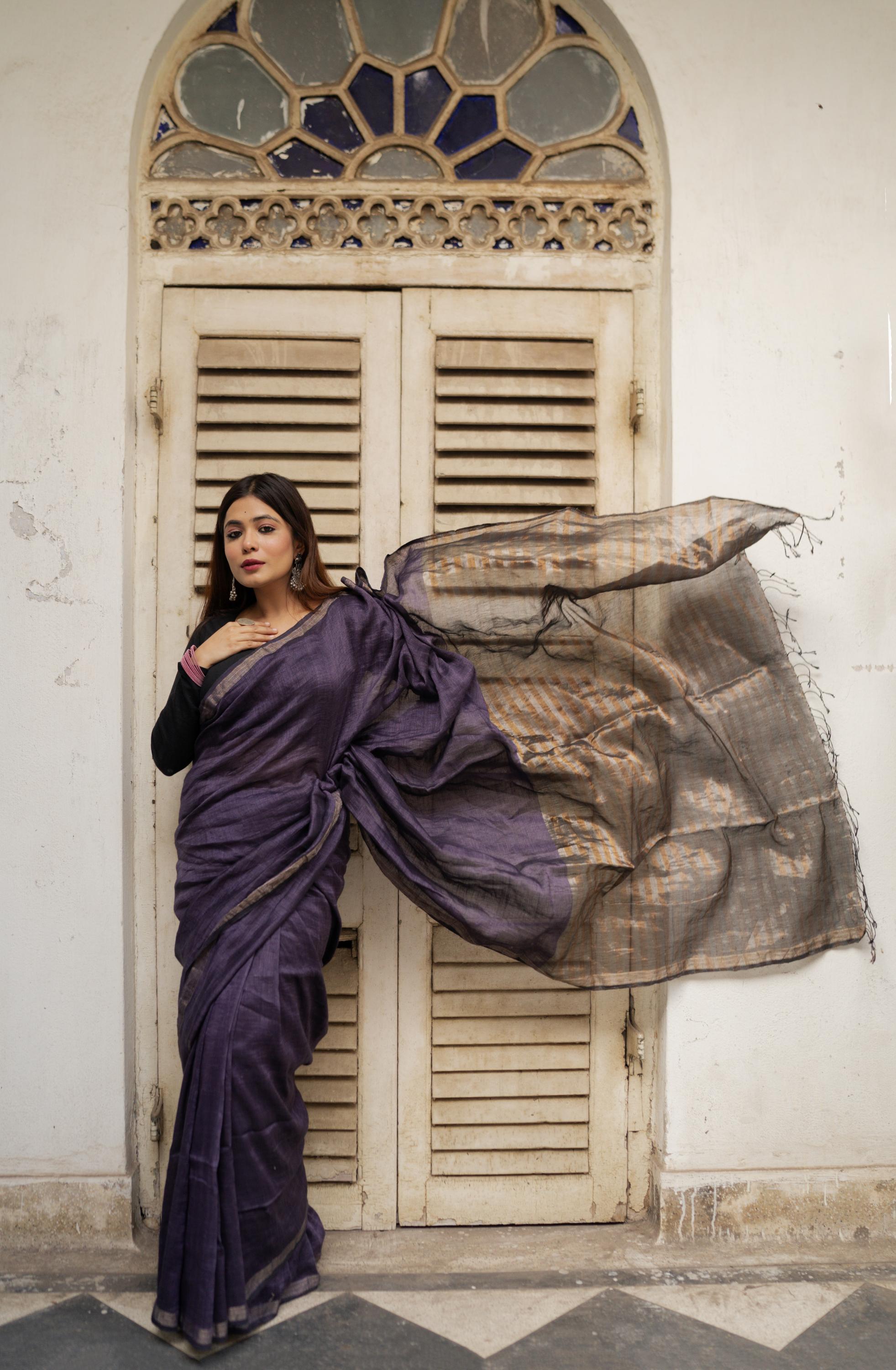 Sitara - Purple  Linen by cotton zari  saree