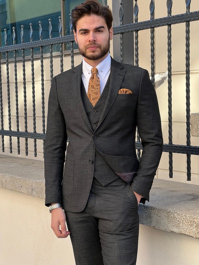 Slim Fit Self-Patterned Wool Black Tailored Suit