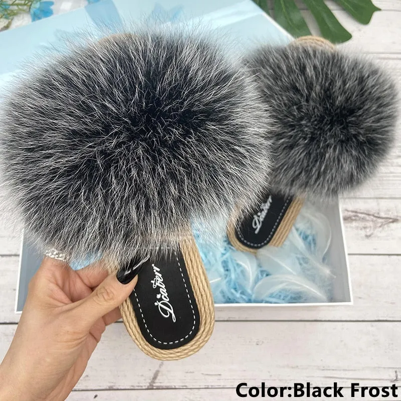 Women's Black Frost Synthetic Straw Natural Fox Real Fur Flip Flop Sandals