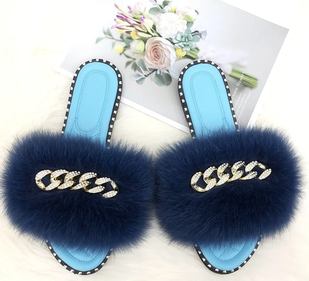 Women's Luxury Summer Navy Blue Soft Slide Fluffy Fur Flat Slippers