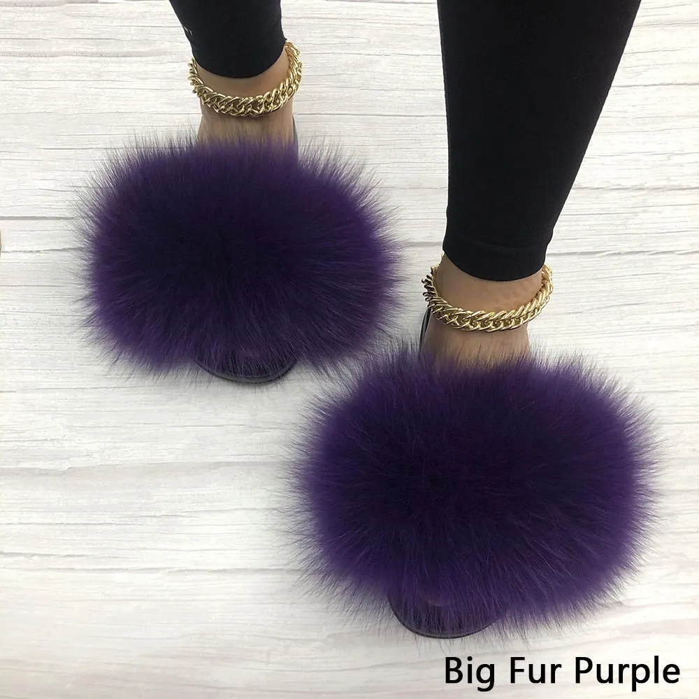 Women's Purple Summer Big Fluffy Real Fox Fur Flip Flops House Slippers