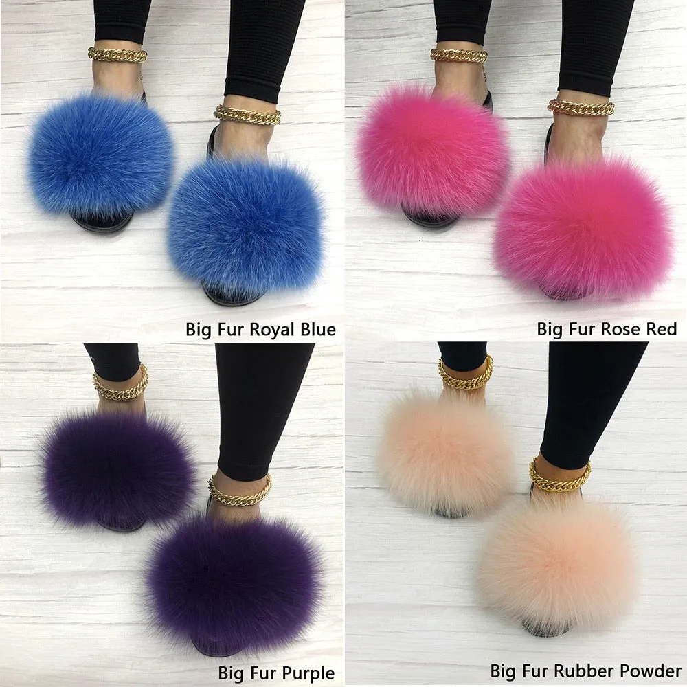 Women's Purple Summer Big Fluffy Real Fox Fur Flip Flops House Slippers