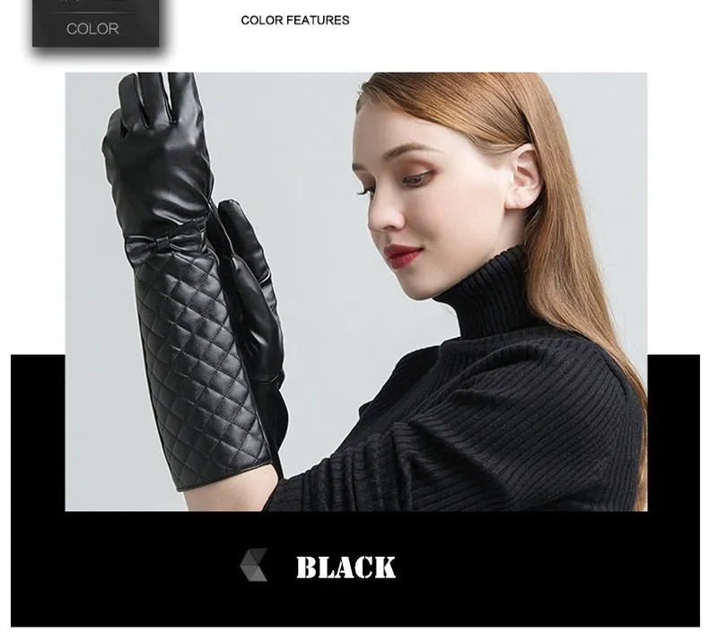 Women's Synthetic Leather Touch Screen Thin Lined Warm Winter Long Gloves