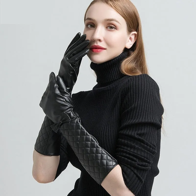 Women's Synthetic Leather Touch Screen Thin Lined Warm Winter Long Gloves