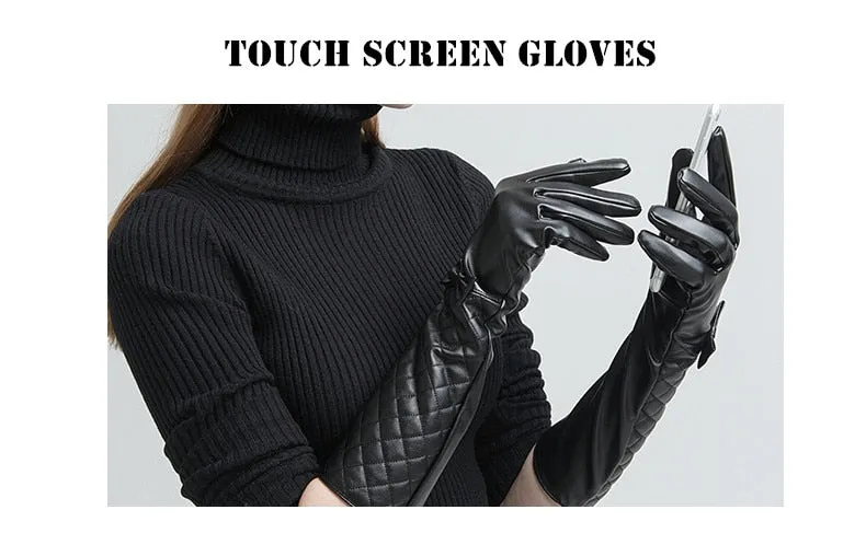 Women's Synthetic Leather Touch Screen Thin Lined Warm Winter Long Gloves